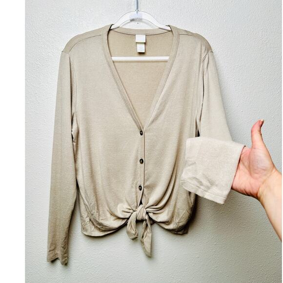 H&M Tan V-Neck Tie-Front Button Cardigan Sweater Women’s L - Picture 1 of 11